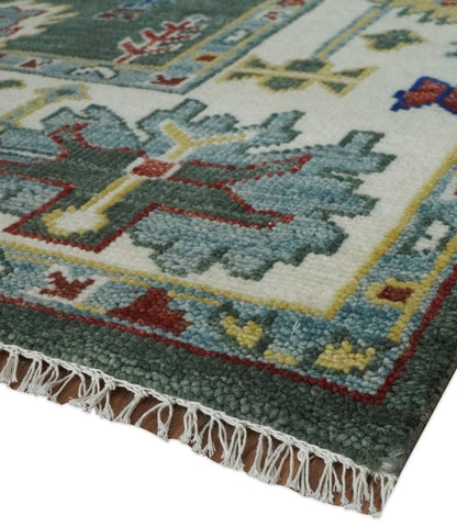 Custom Made Green and Ivory Colorful Hand knotted Traditional Oushak wool Area Rug.