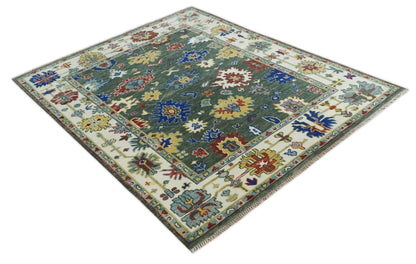 Custom Made Green and Ivory Colorful Hand knotted Traditional Oushak wool Area Rug.