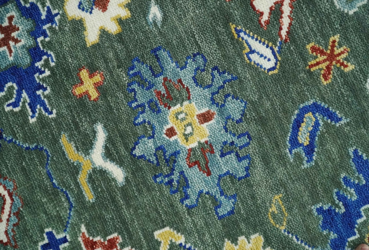 Custom Made Green and Ivory Colorful Hand knotted Traditional Oushak wool Area Rug.