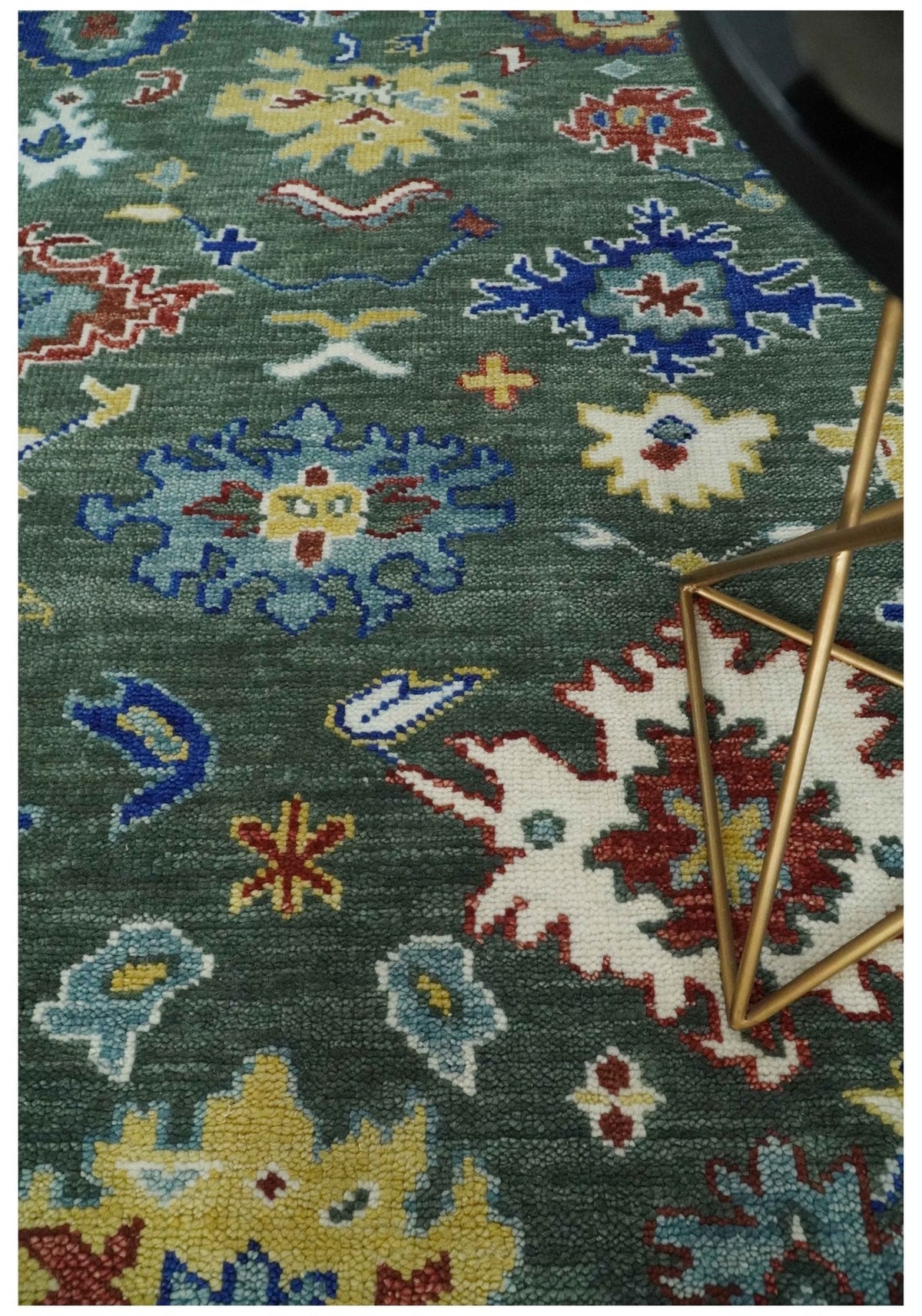 Custom Made Green and Ivory Colorful Hand knotted Traditional Oushak wool Area Rug.