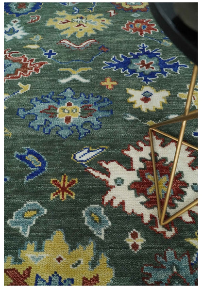 Custom Made Green and Ivory Colorful Hand knotted Traditional Oushak wool Area Rug.