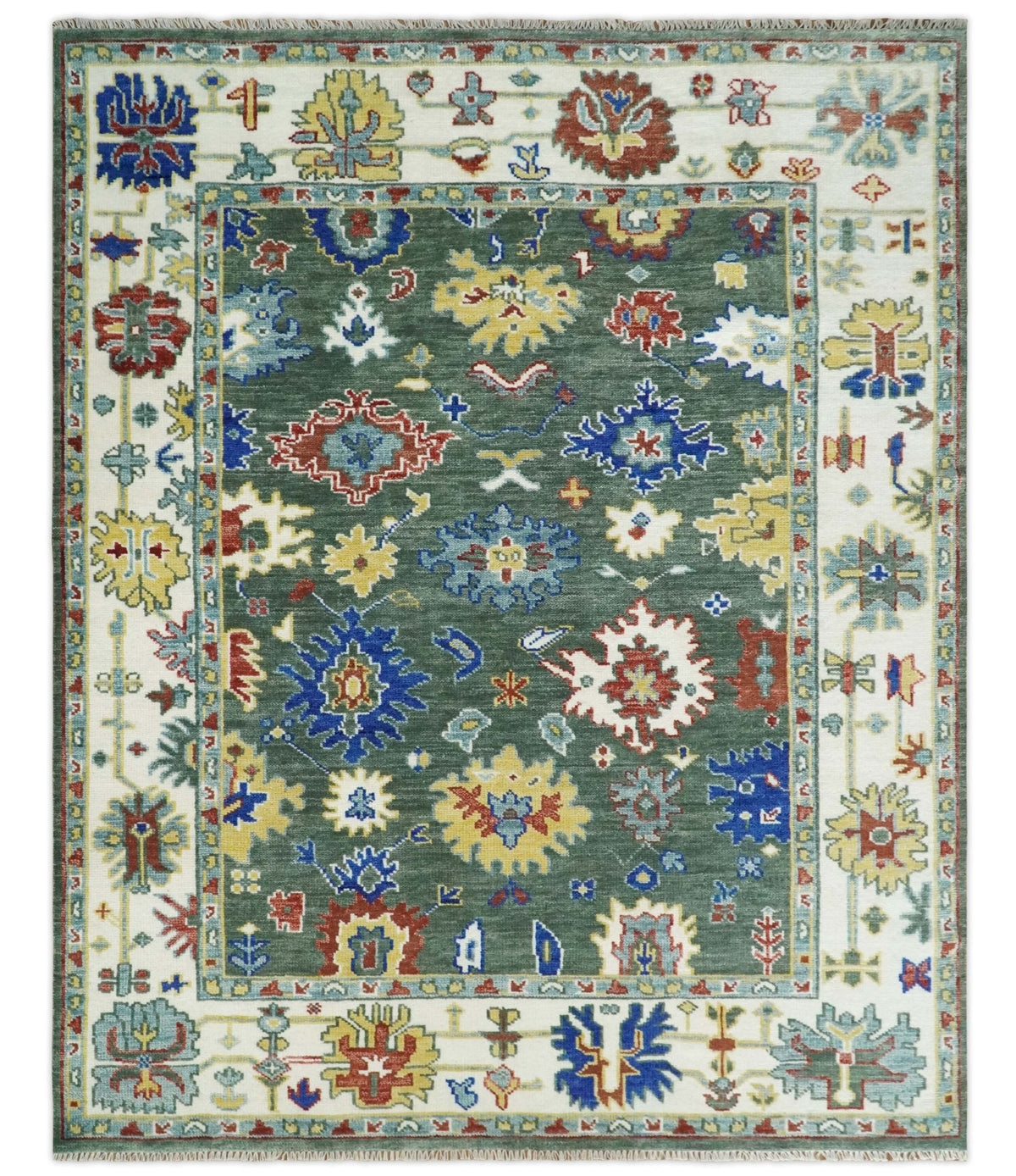 Custom Made Green and Ivory Colorful Hand knotted Traditional Oushak wool Area Rug.