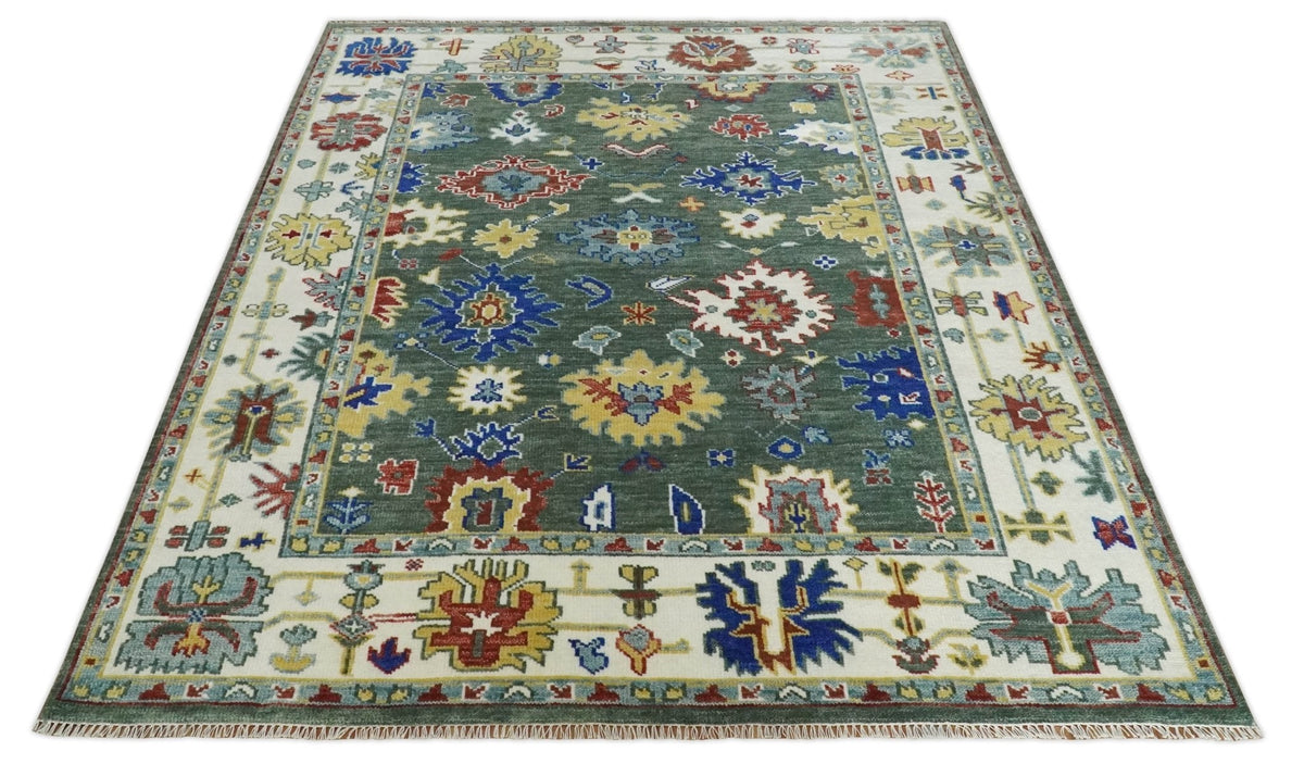Custom Made Green and Ivory Colorful Hand knotted Traditional Oushak wool Area Rug.