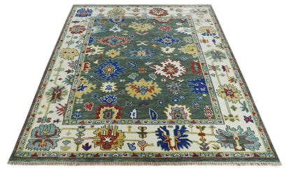 Custom Made Green and Ivory Colorful Hand knotted Traditional Oushak wool Area Rug.