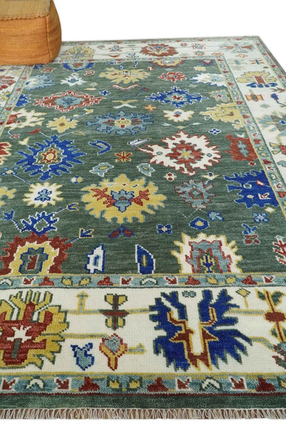 Custom Made Green and Ivory Colorful Hand knotted Traditional Oushak wool Area Rug.