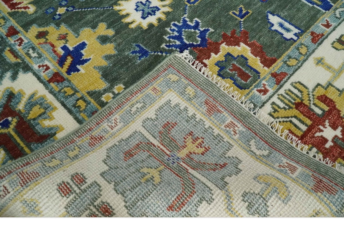 Custom Made Green and Ivory Colorful Hand knotted Traditional Oushak wool Area Rug.