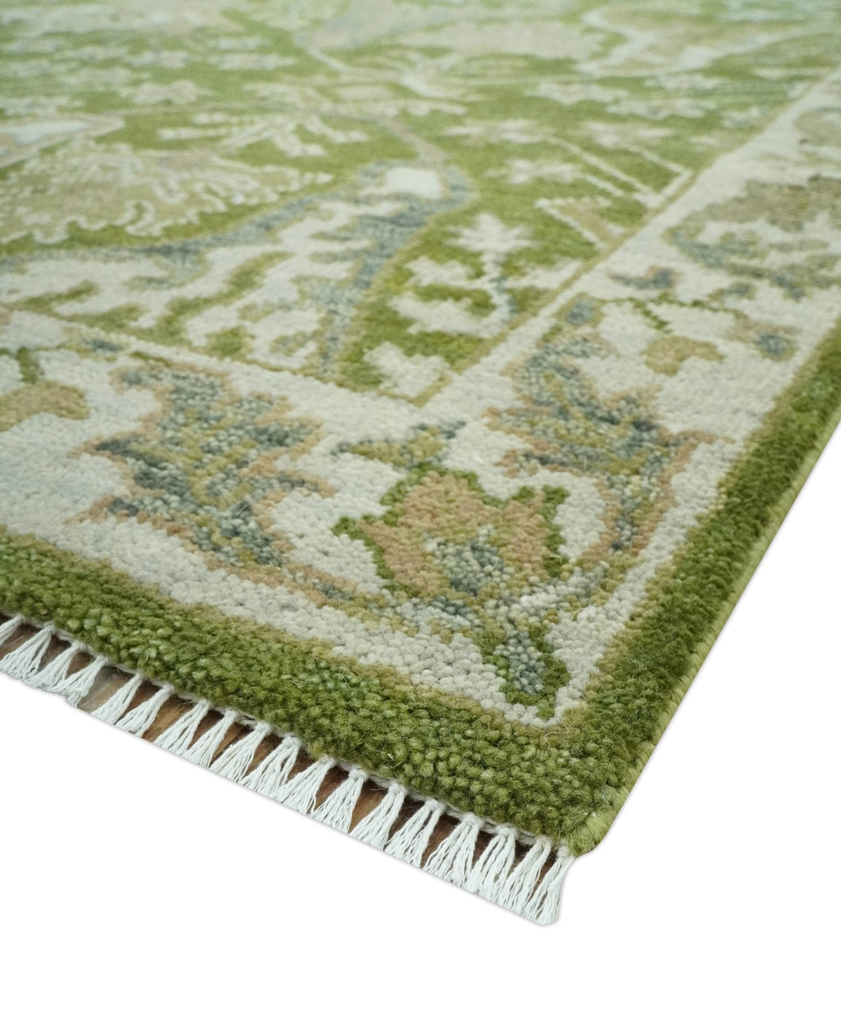 Custom Made Green and Ivory Traditional Dragon Oushak Design Hand knotted wool rug.