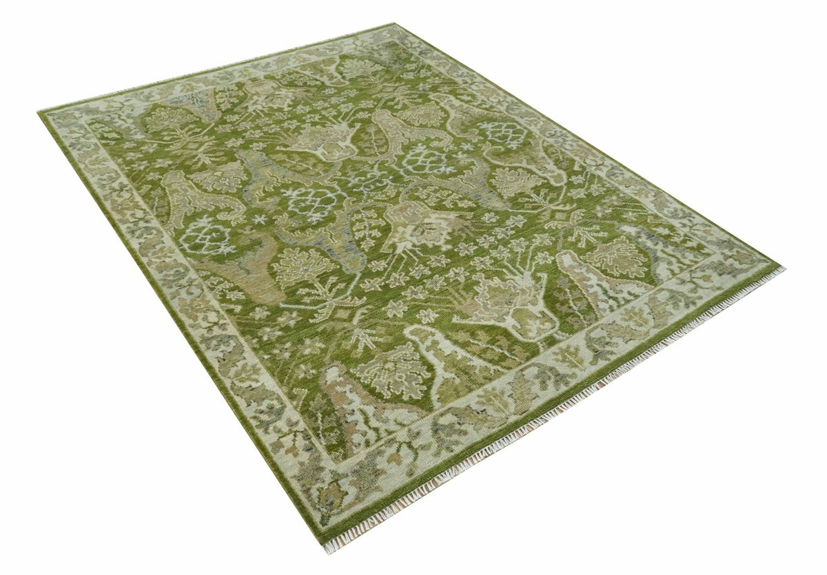 Custom Made Green and Ivory Traditional Dragon Oushak Design Hand knotted wool rug.
