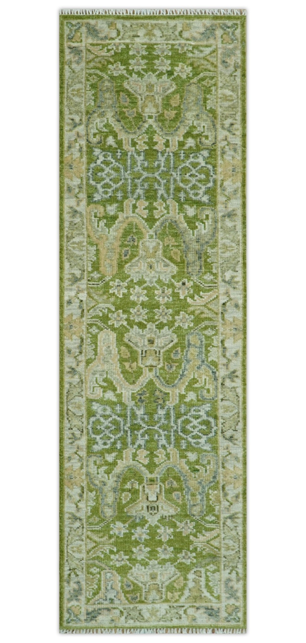 Custom Made Green and Ivory Traditional Dragon Oushak Design Hand knotted wool rug.