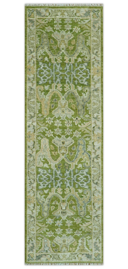 Custom Made Green and Ivory Traditional Dragon Oushak Design Hand knotted wool rug.