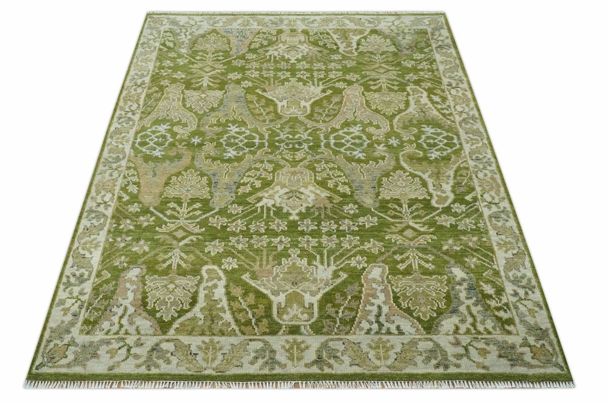 Custom Made Green and Ivory Traditional Dragon Oushak Design Hand knotted wool rug.
