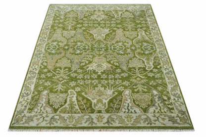 Custom Made Green and Ivory Traditional Dragon Oushak Design Hand knotted wool rug.