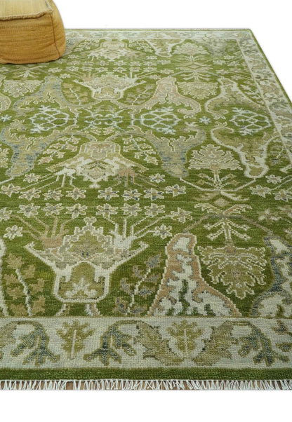 Custom Made Green and Ivory Traditional Dragon Oushak Design Hand knotted wool rug.