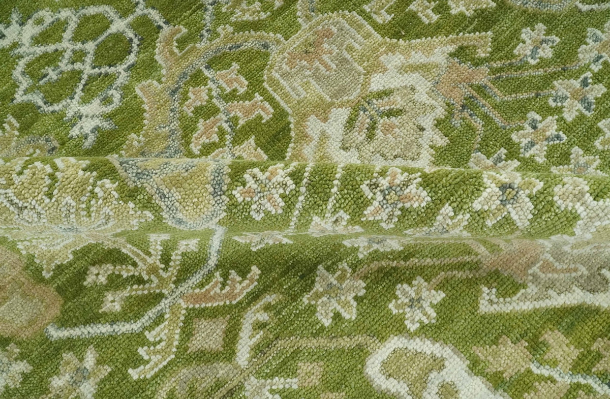 Custom Made Green and Ivory Traditional Dragon Oushak Design Hand knotted wool rug.