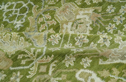 Custom Made Green and Ivory Traditional Dragon Oushak Design Hand knotted wool rug.