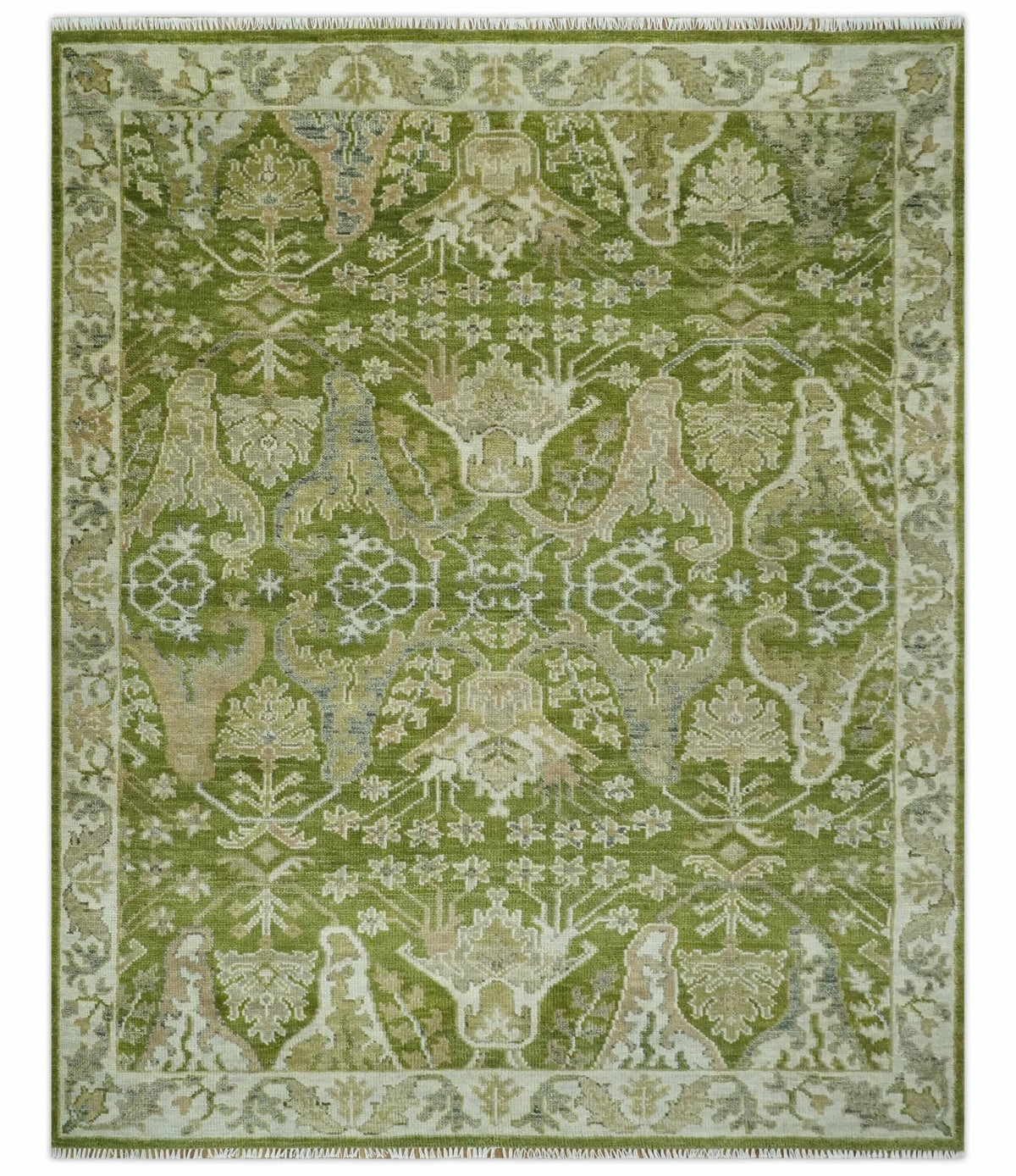 Custom Made Green and Ivory Traditional Dragon Oushak Design Hand knotted wool rug.