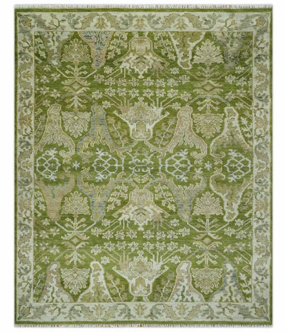 Custom Made Green and Ivory Traditional Dragon Oushak Design Hand knotted wool rug.