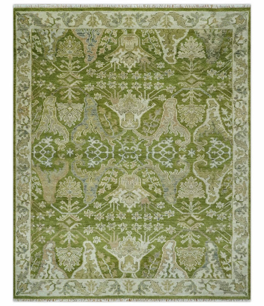 Custom Made Green and Ivory Traditional Dragon Oushak Design Hand knotted wool rug.