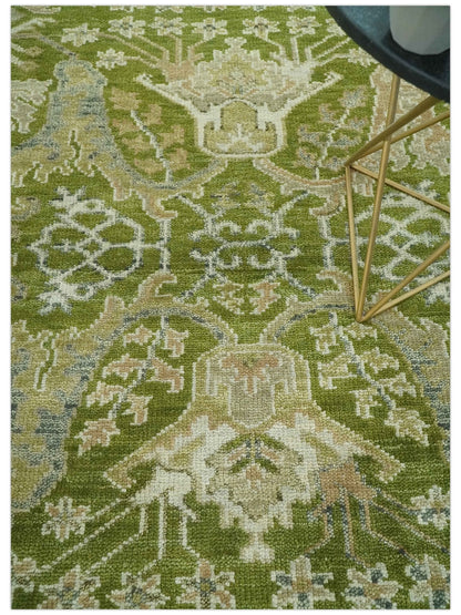 Custom Made Green and Ivory Traditional Dragon Oushak Design Hand knotted wool rug.