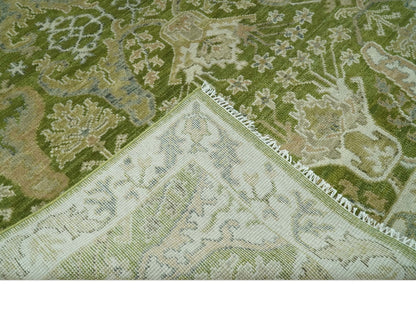 Custom Made Green and Ivory Traditional Dragon Oushak Design Hand knotted wool rug.