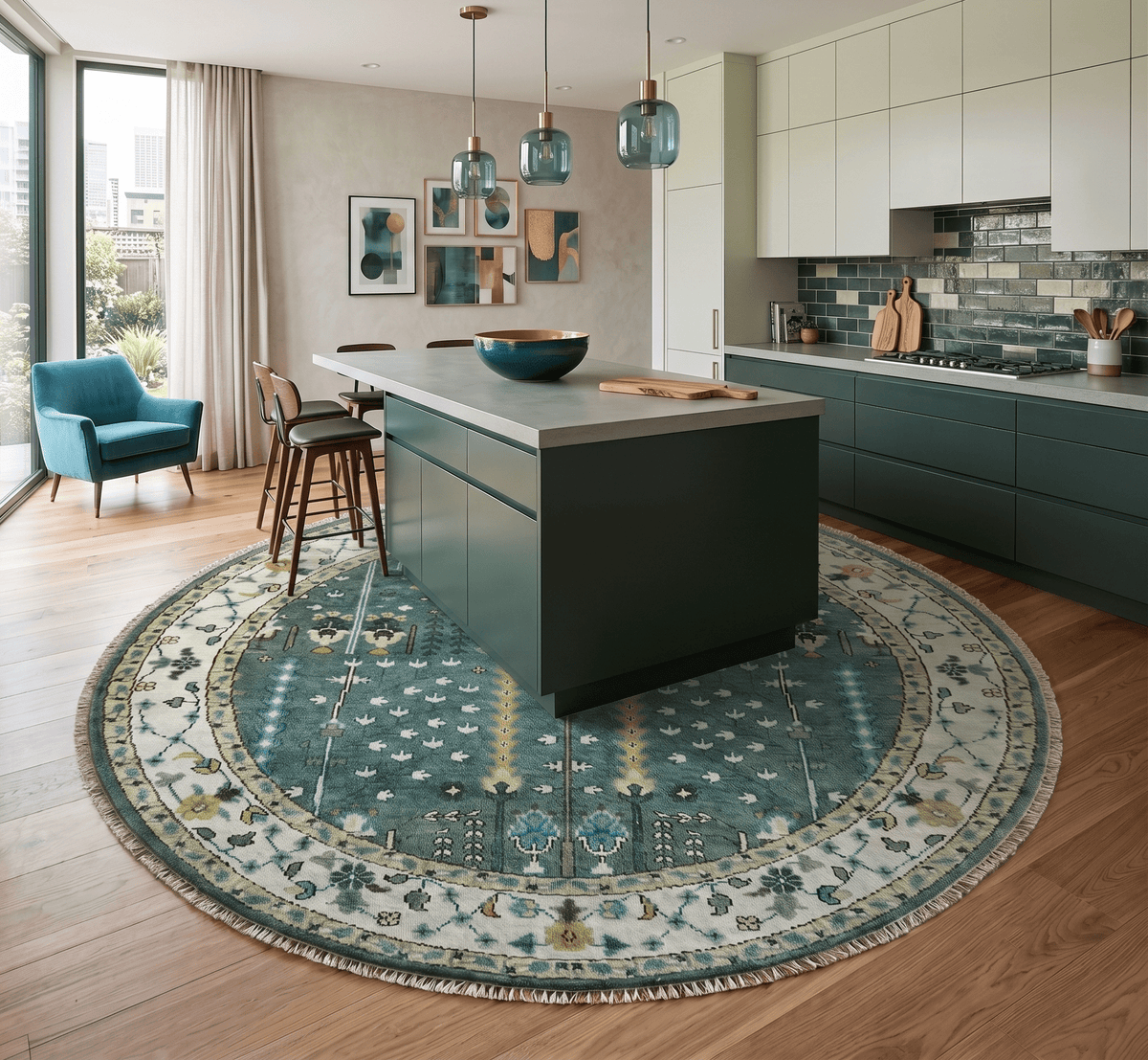 Custom Made Green And Ivory Tree of life Round Hand Knotted Wool Rug.