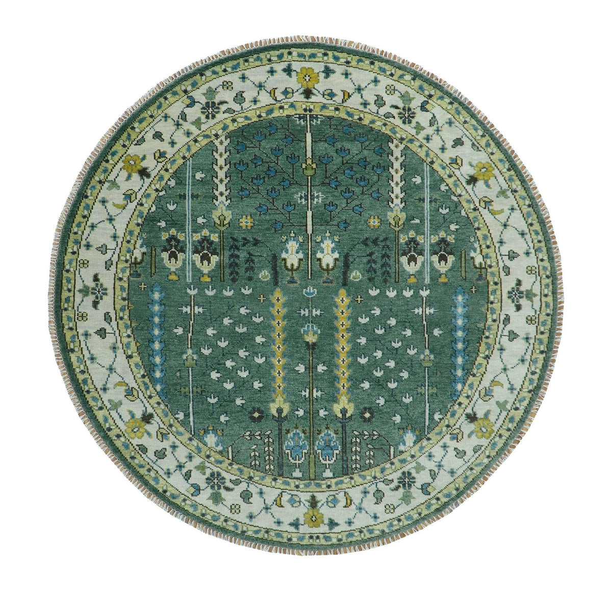 Custom Made Green And Ivory Tree of life Round Hand Knotted Wool Rug.