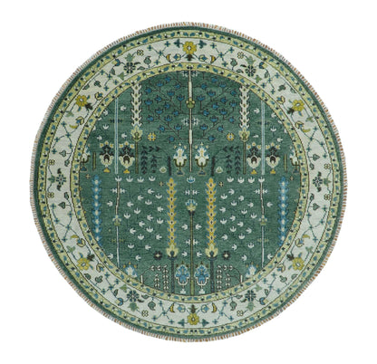 Custom Made Green And Ivory Tree of life Round Hand Knotted Wool Rug.