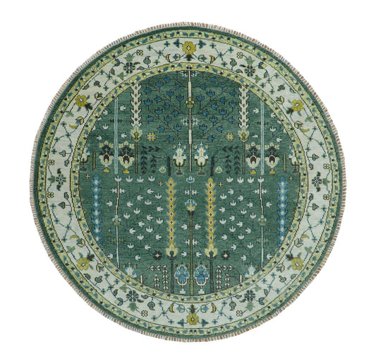Custom Made Green And Ivory Tree of life Round Hand Knotted Wool Rug.