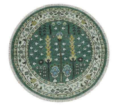 Custom Made Green And Ivory Tree of life Round Hand Knotted Wool Rug.