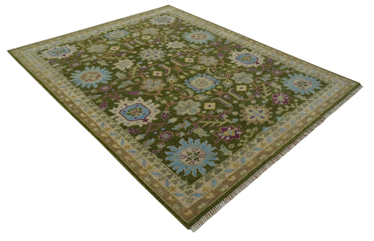 Custom Made Green, Beige and Purple Hand Knotted Traditional Oushak wool area rug.