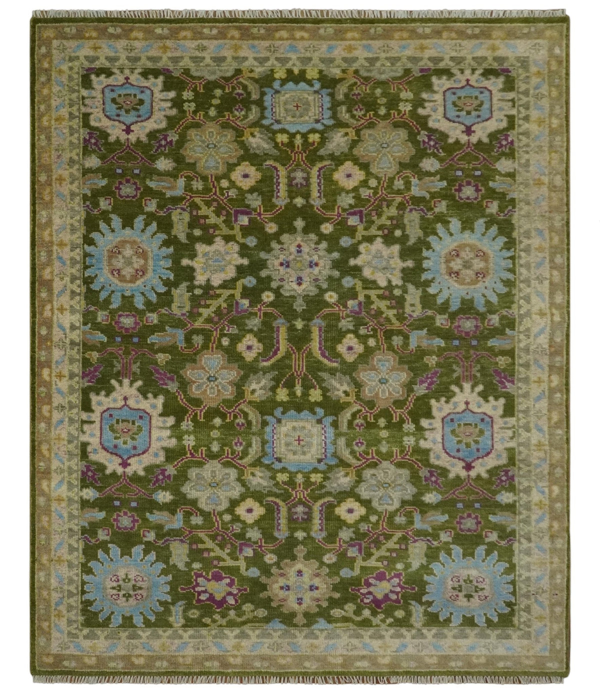 Custom Made Green, Beige and Purple Hand Knotted Traditional Oushak wool area rug.
