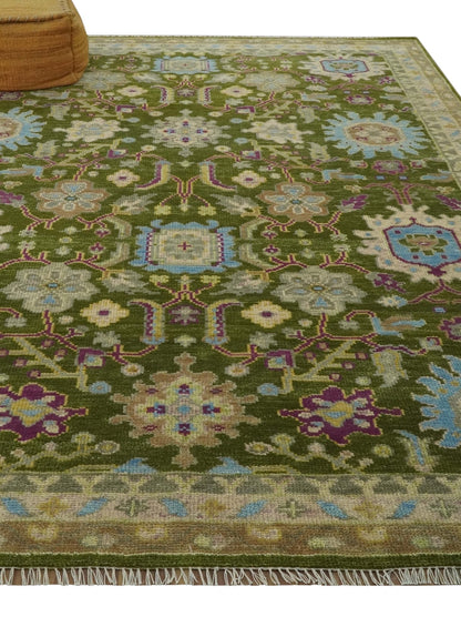 Custom Made Green, Beige and Purple Hand Knotted Traditional Oushak wool area rug.