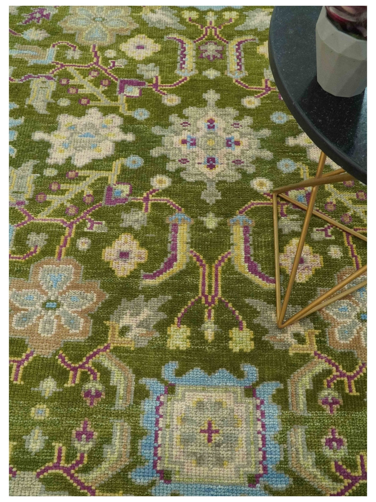 Custom Made Green, Beige and Purple Hand Knotted Traditional Oushak wool area rug.