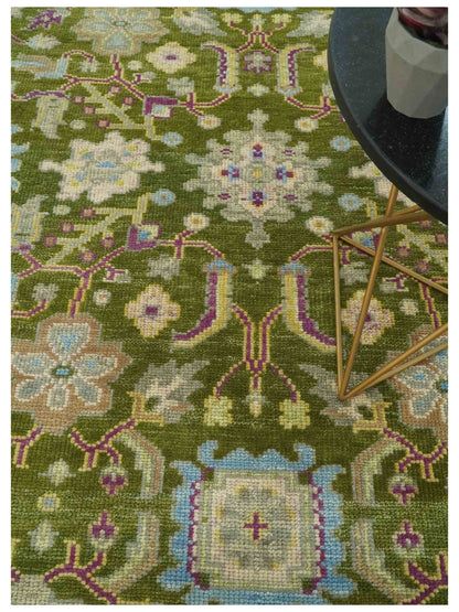 Custom Made Green, Beige and Purple Hand Knotted Traditional Oushak wool area rug.