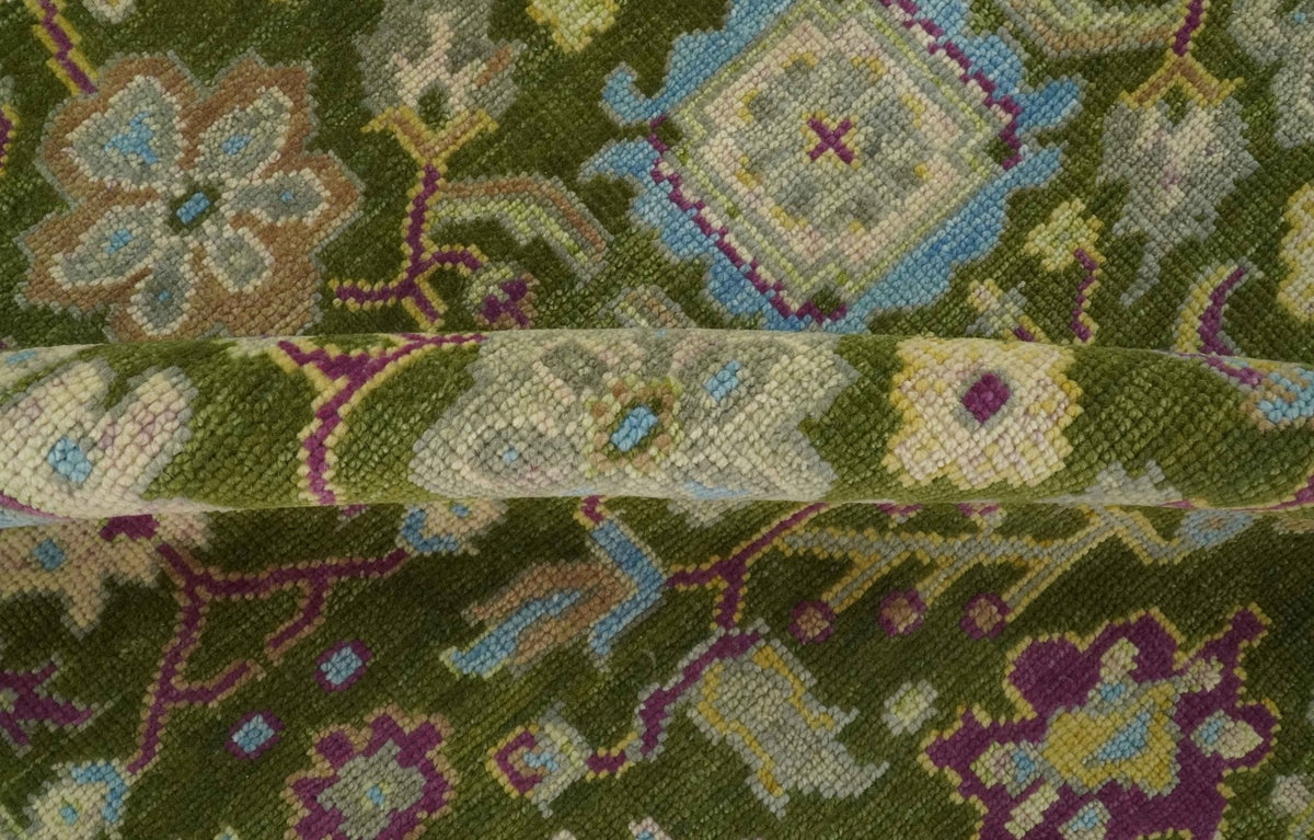 Custom Made Green, Beige and Purple Hand Knotted Traditional Oushak wool area rug.