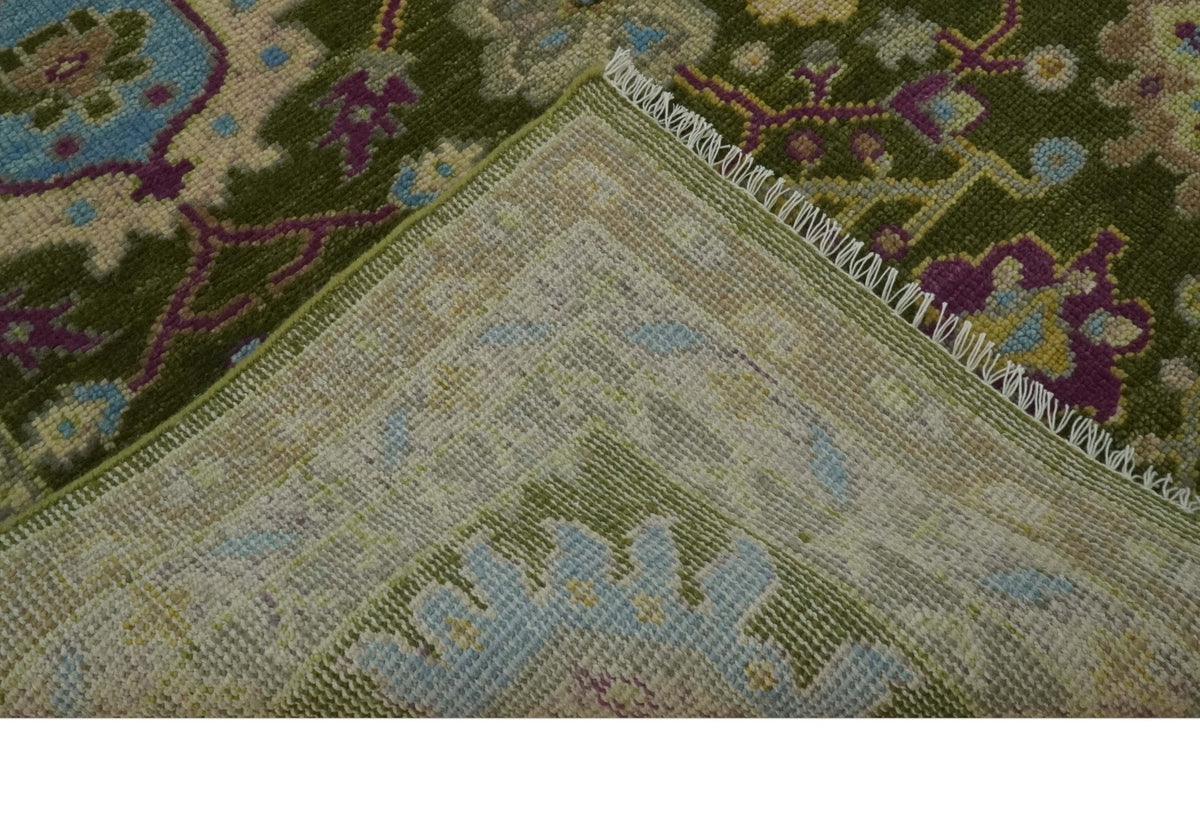 Custom Made Green, Beige and Purple Hand Knotted Traditional Oushak wool area rug.