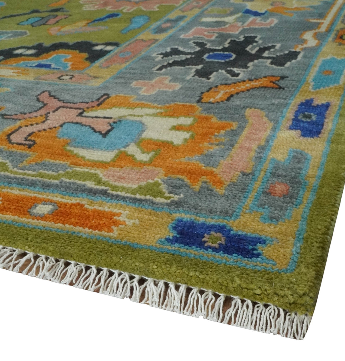 Custom Made Green, Gray and Peach Colorful Hand knotted Traditional Oushak wool Area Rug.