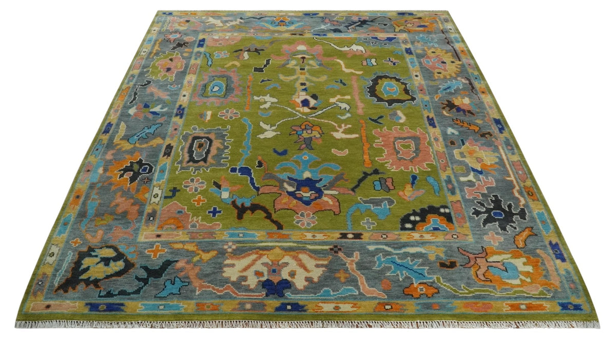 Custom Made Green, Gray and Peach Colorful Hand knotted Traditional Oushak wool Area Rug.