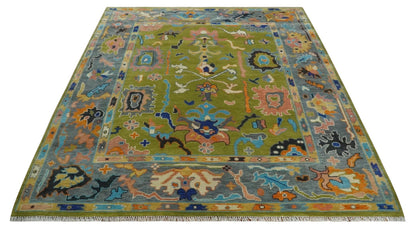 Custom Made Green, Gray and Peach Colorful Hand knotted Traditional Oushak wool Area Rug.