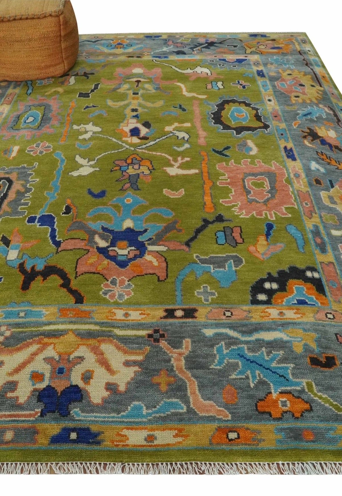 Custom Made Green, Gray and Peach Colorful Hand knotted Traditional Oushak wool Area Rug.