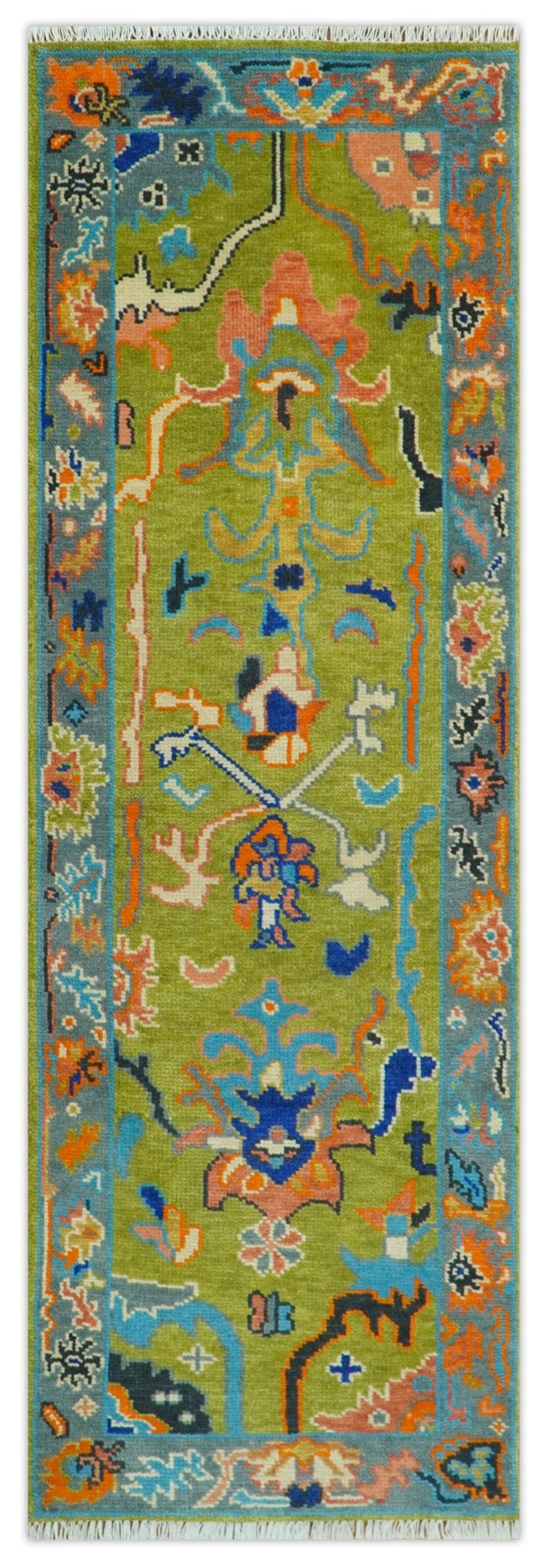 Custom Made Green, Gray and Peach Colorful Hand knotted Traditional Oushak wool Area Rug.
