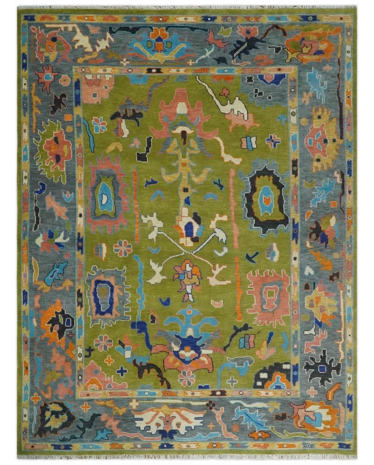 Custom Made Green, Gray and Peach Colorful Hand knotted Traditional Oushak wool Area Rug.