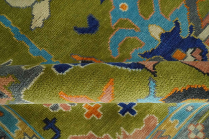 Custom Made Green, Gray and Peach Colorful Hand knotted Traditional Oushak wool Area Rug.