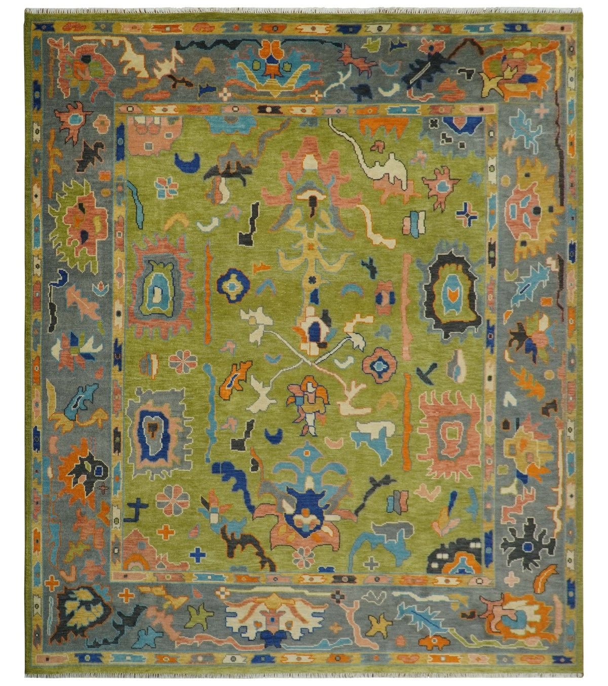 Custom Made Green, Gray and Peach Colorful Hand knotted Traditional Oushak wool Area Rug.