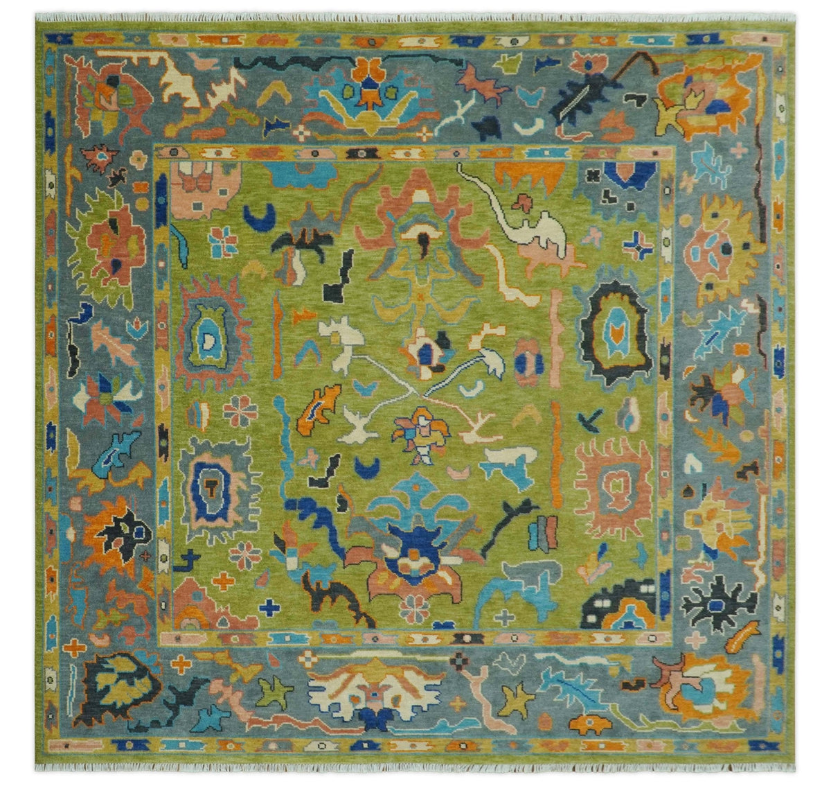 Custom Made Green, Gray and Peach Colorful Hand knotted Traditional Oushak wool Area Rug.