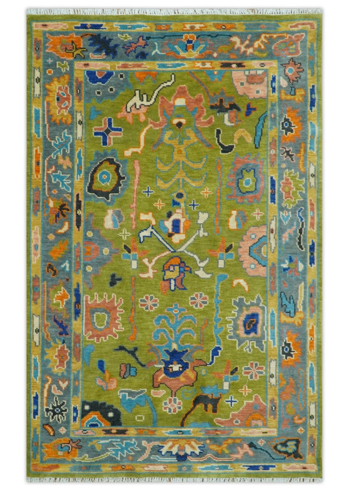Custom Made Green, Gray and Peach Colorful Hand knotted Traditional Oushak wool Area Rug.
