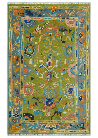Custom Made Green, Gray and Peach Colorful Hand knotted Traditional Oushak wool Area Rug.