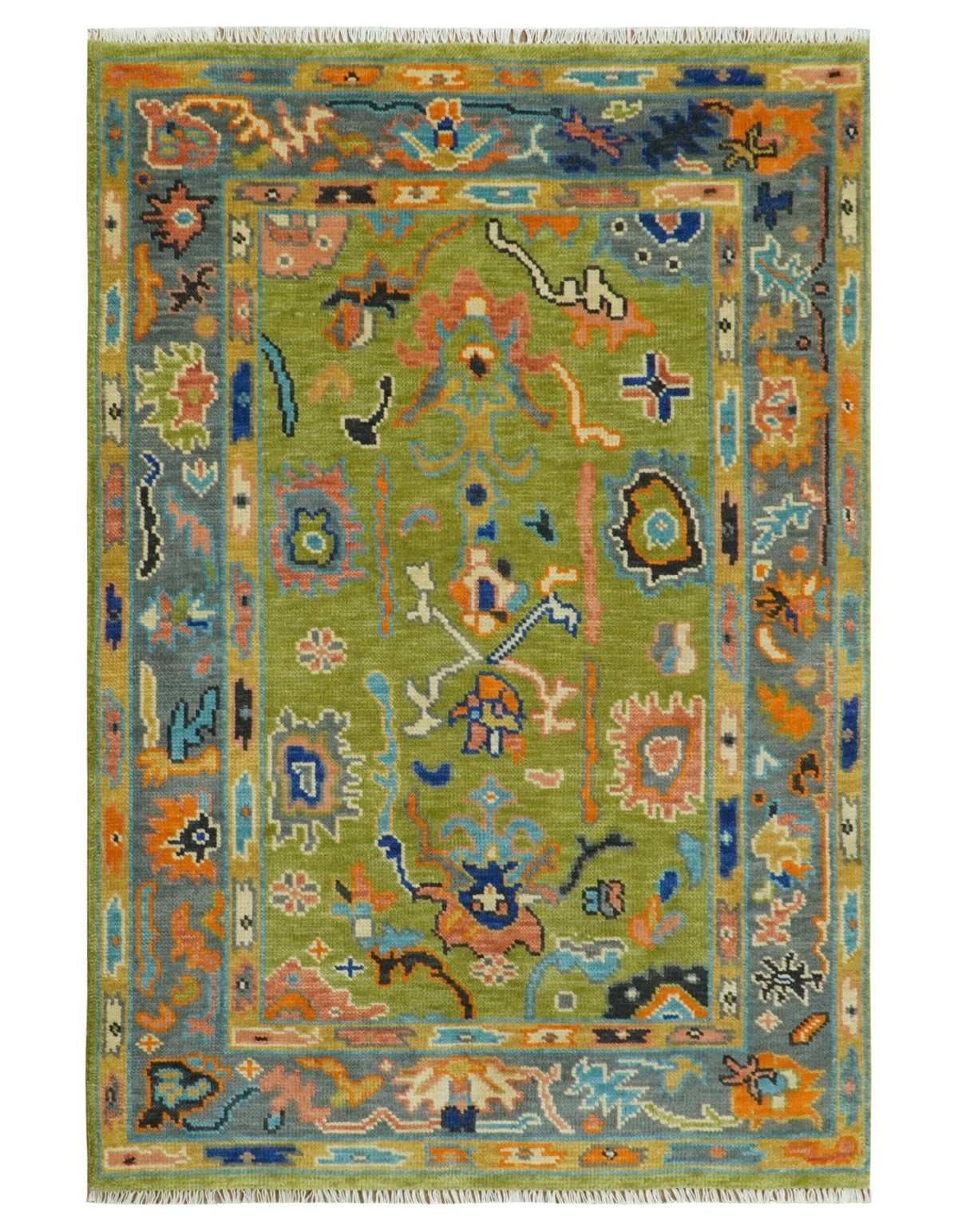 Custom Made Green, Gray and Peach Colorful Hand knotted Traditional Oushak wool Area Rug.
