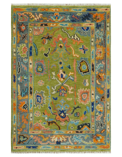 Custom Made Green, Gray and Peach Colorful Hand knotted Traditional Oushak wool Area Rug.