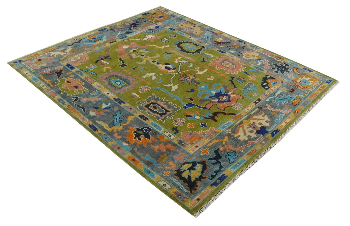 Custom Made Green, Gray and Peach Colorful Hand knotted Traditional Oushak wool Area Rug.